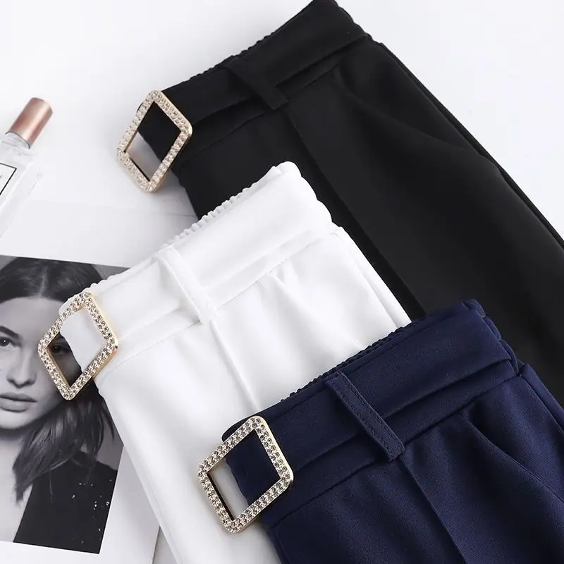 2023 Autumn and Winter Women's High Waist Elastic Patchwork Sashes Pockets Slim Fashion Casual Elegant Commuter Horn Pants