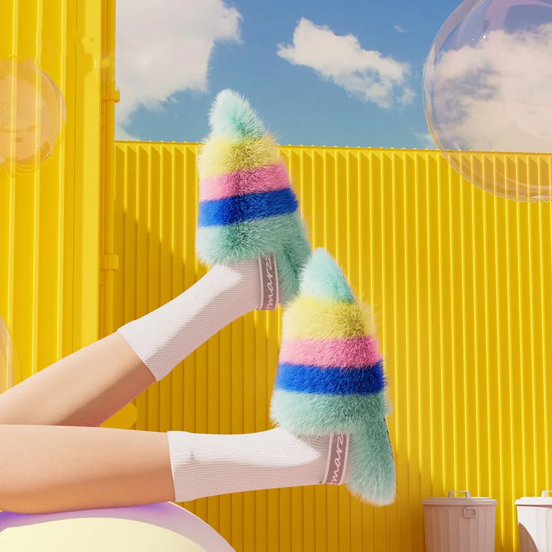 Senior Ladies Home Plush Slippers Faux Fur Stylish Thermal Slippers Autumn And Winter Outing High Quality Slippers