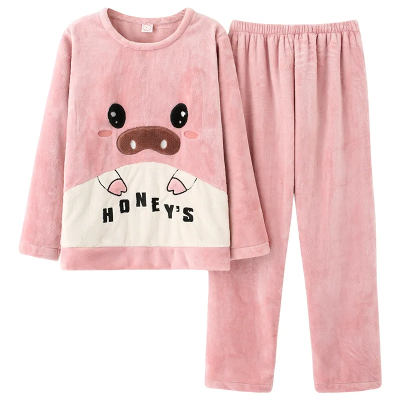 

Flannel Pajamas Set For Women Winter Warm Homewear Kawaii Pijama Cute Piggy Cozy Home Clothes Mori Girls Nightgown Night Wear