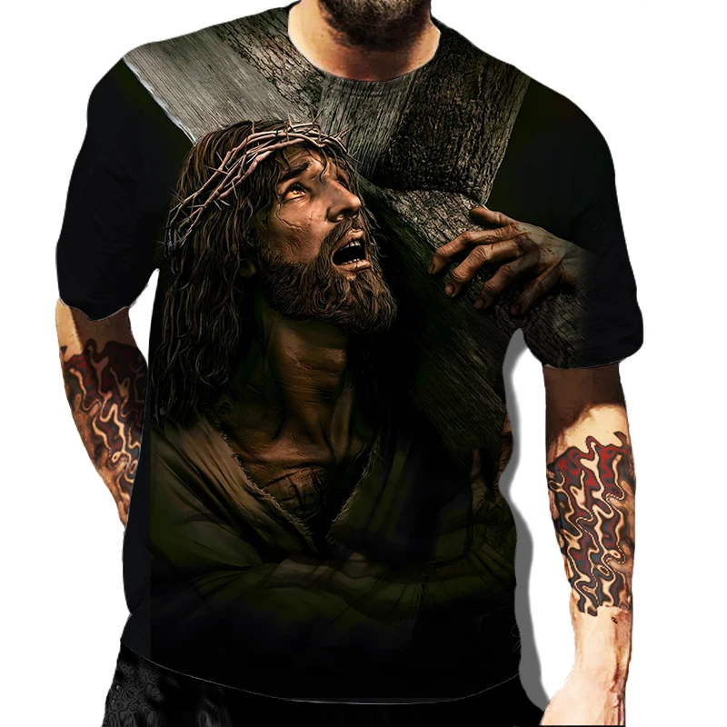 

Religion Christ Jesus Cross 3D Printed Men's T-Shirts Casual Short Sleeve God Graphic Men T-shirt Oversized Clothing Tops Tee