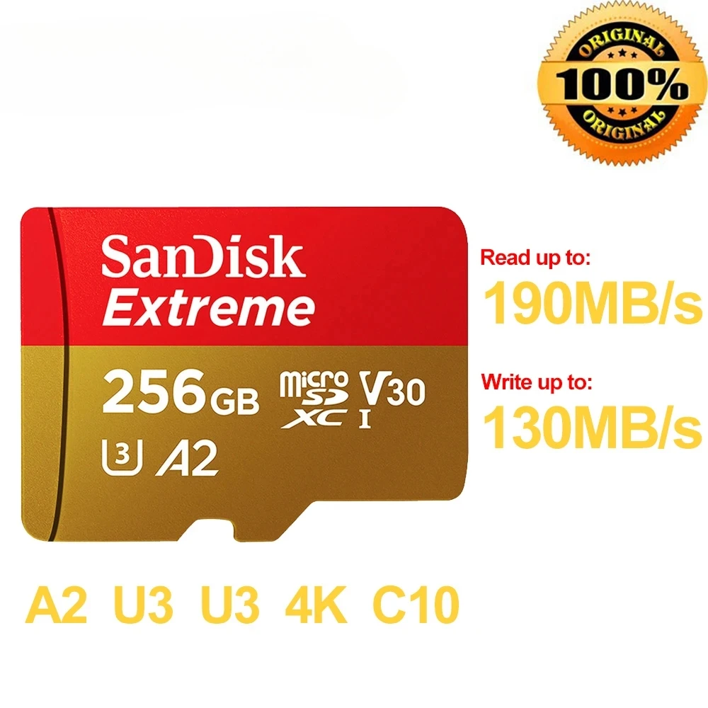 thumbnail image 1 of Original Extreme Micro SD Cards A2 Memory Card V30 U3 Flash Card 64GB 32GB A1 TF Cards 128GB 256GB Memory Microsd For DJI drone, 1 of 5