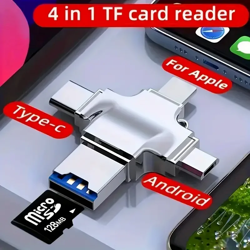 4 in 1 메모리 마이크로 SD 카드 리더, 아이폰, 아이패드, 안드로이드, 맥 PC 카메라, C 타입 조명, USB C, 안드로이드 리더, 휴대용 리더