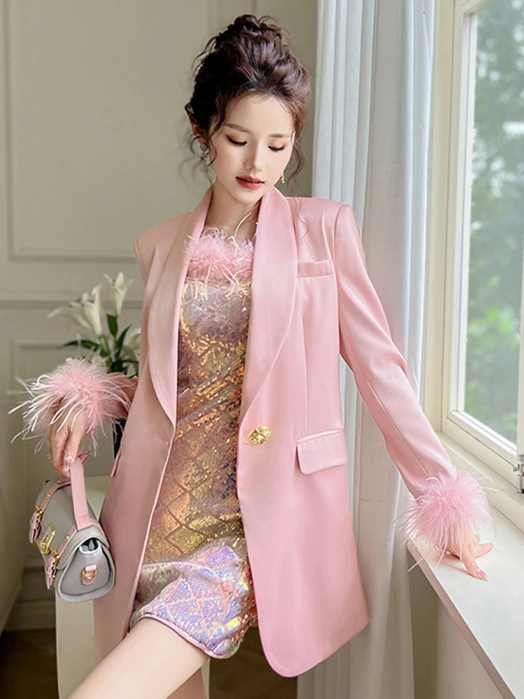 Satin Dress Outfit Blazer For Pink Dress Sweet French Loose Suit