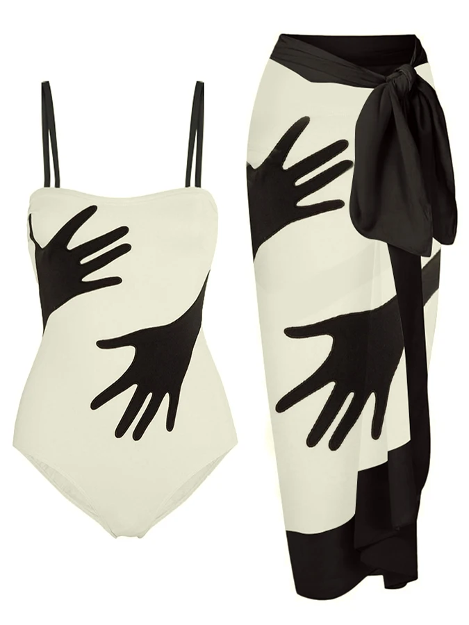 

2023 Summer New Solid Color Printed Pattern Tight Suspender Swimsuit Set
