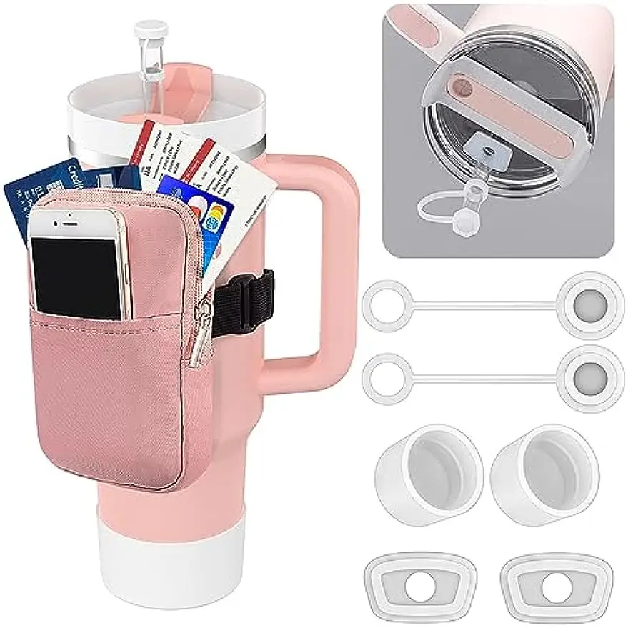 8PCS Water Bottle Pouch for Stanley Cup Fanny Pack Accessories Spill Leak Proof Stopper Set for Stanley 2.0 40oz/30oz,Gym leak proof silicone plug for faucet prevent dripping leaks tube sealed rings for water faucet repair