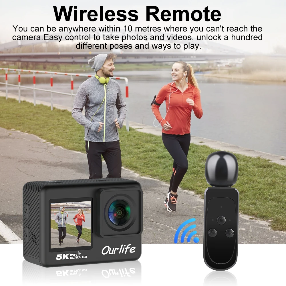 Ourlife MTR60 Pro 5K Action Camera 2.0'' Touch Screen 30M Waterproof WiFi Anti-Shake Sports Camera With 2 in 1 Remote Control 3