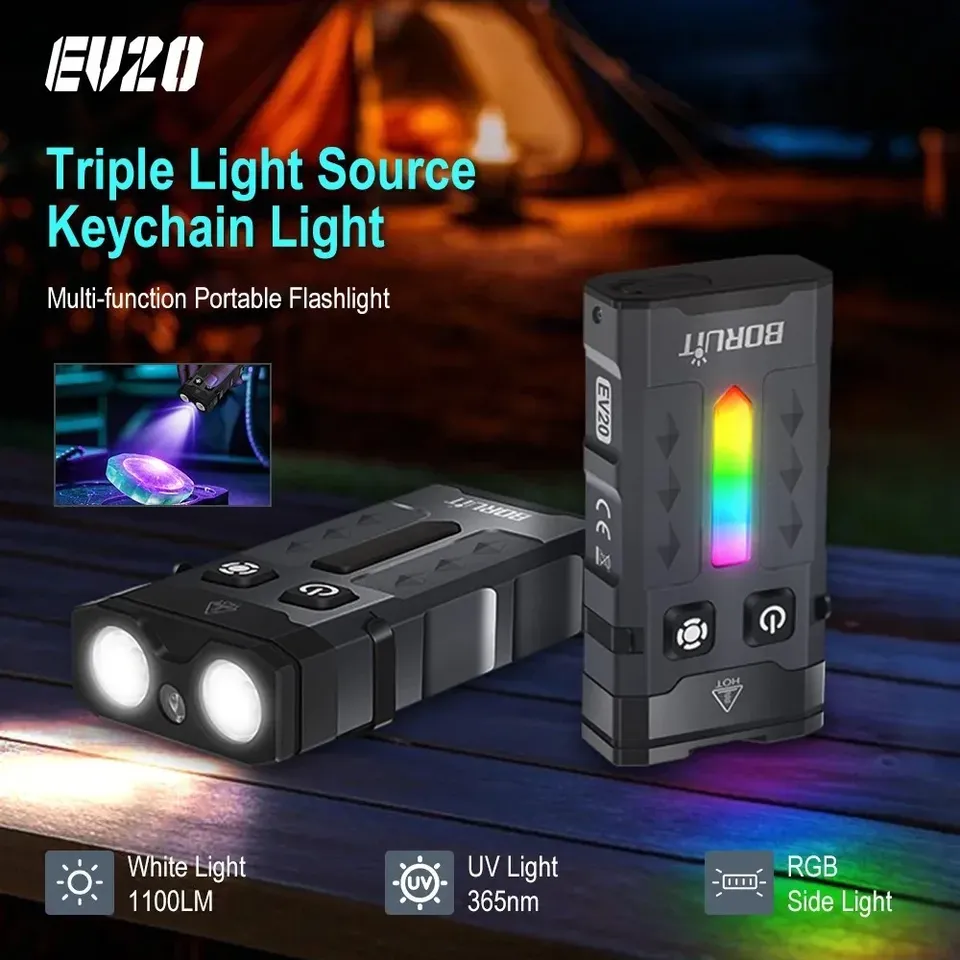 EV10/EV20 EDC LED Flashlight Type-C Rechargeable Pocket Emergency Keychain Work Light with Clip for Outdoor Camping Hiking