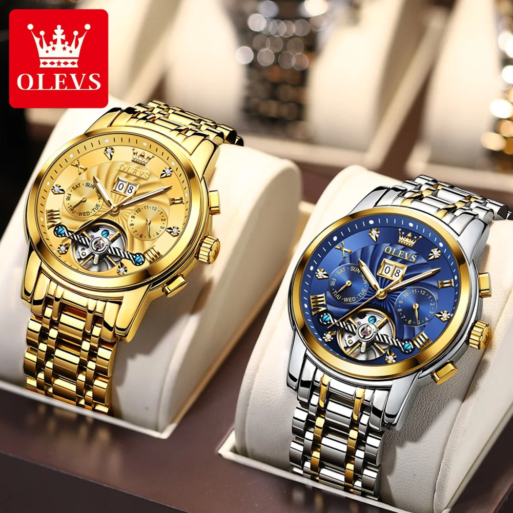 OLEVS 9910 Watch For Men Diamond Luxury Week Calendar Display Waterproof Man Watches Hollow Original Automatic Mechanical Watch