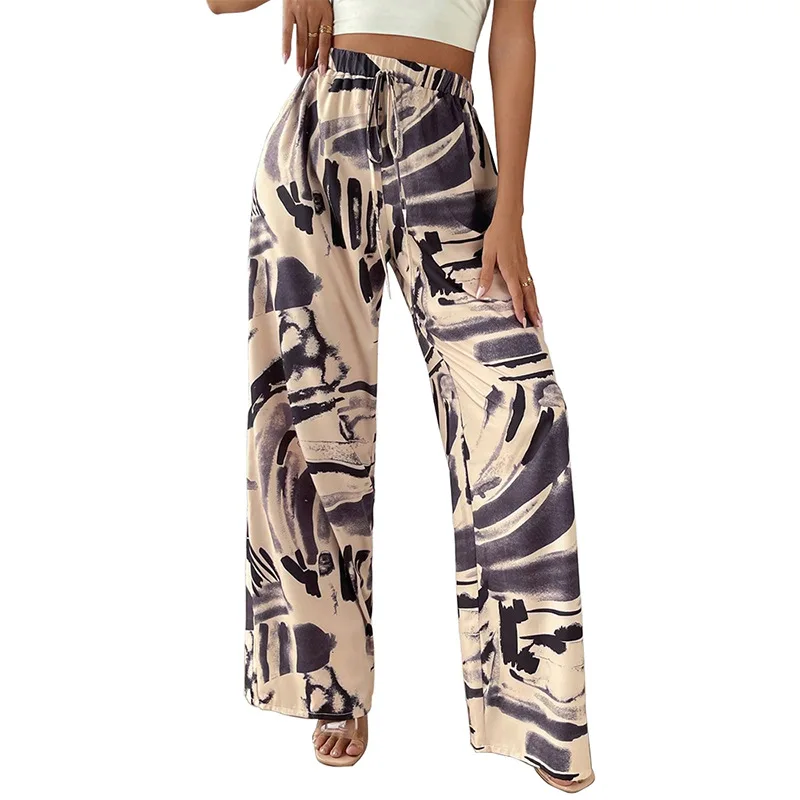 2024 Summer New Fashion Casual Woven Wide Legs Women Digital Printed High Waisted Pants [puma] official puma active woven pants 58673406