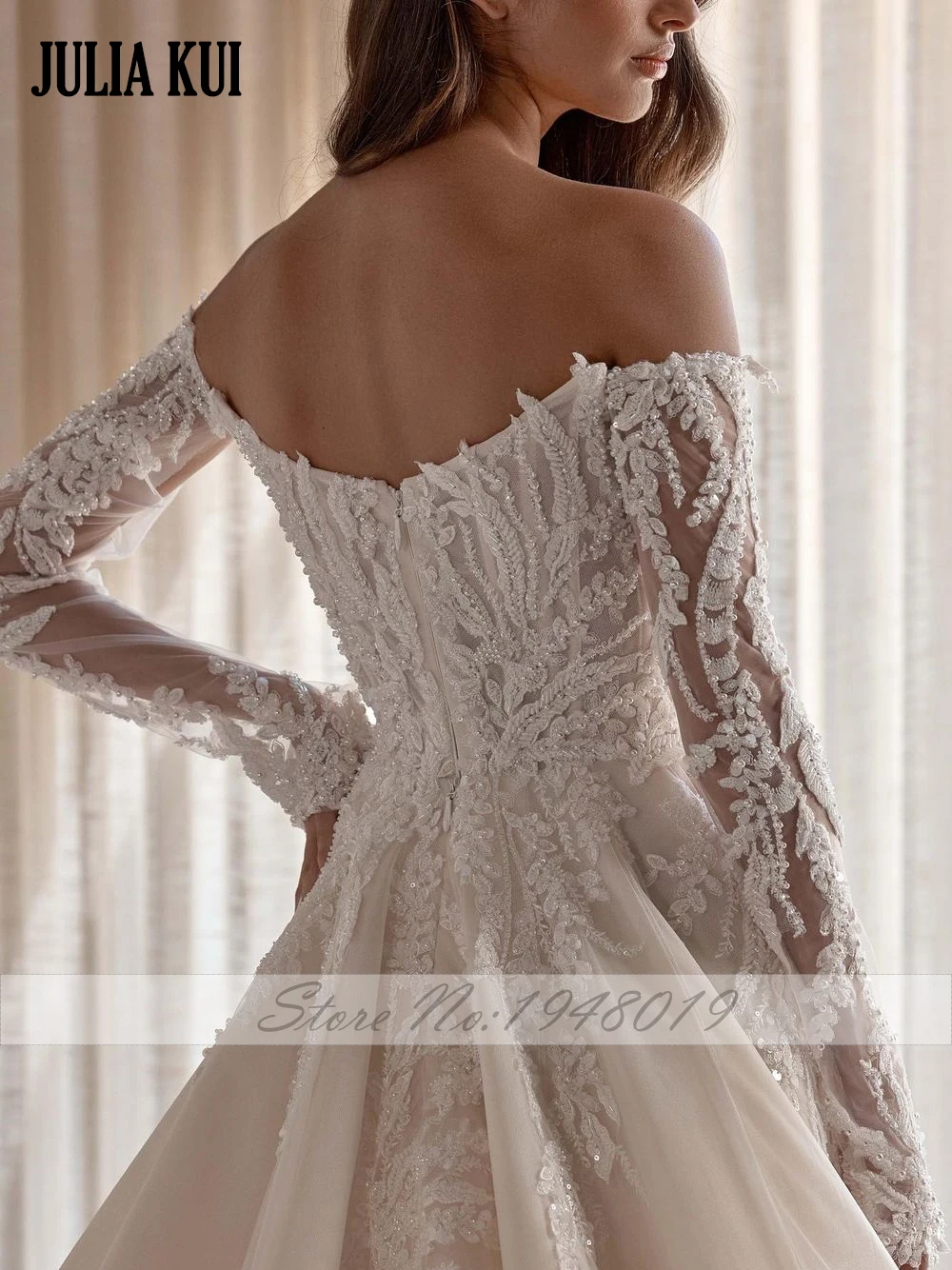 Julia Kui Elegance Tulle Beading Pearls Embroidery Lace A-Line Wedding Dresses Customize Off Shoulder Full Sleeves Bridal Gowns 5