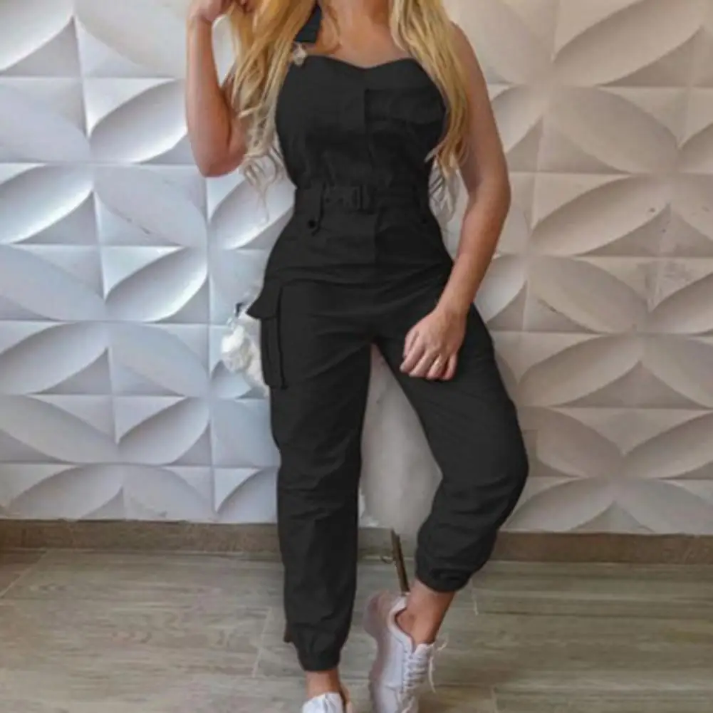 

2024 New Style Women Solid Color Cargo Jumpsuit with Waistband Square Collar Sleeveless Overalls M-XXXL