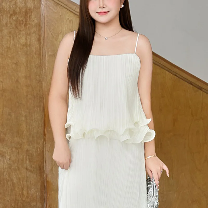 Plus Size Women's Caims Premium French Fold Spaghetti Strap Ruffled Elegant Halter Tops For Beautiful Back