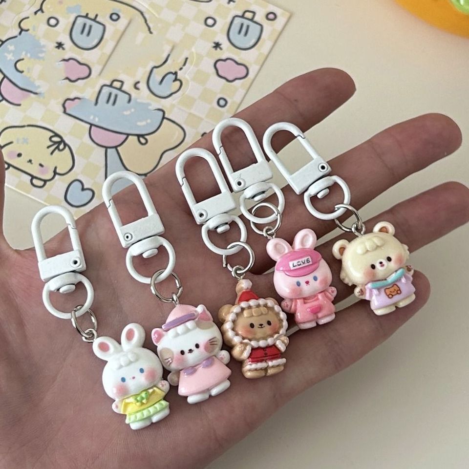 Exquisite Resin Rabbit Doll Key Chain Animal Creative Funny Cat Key Ring Mini Bear Rabbit Bear Bag Pendant Schoolbag Pendant