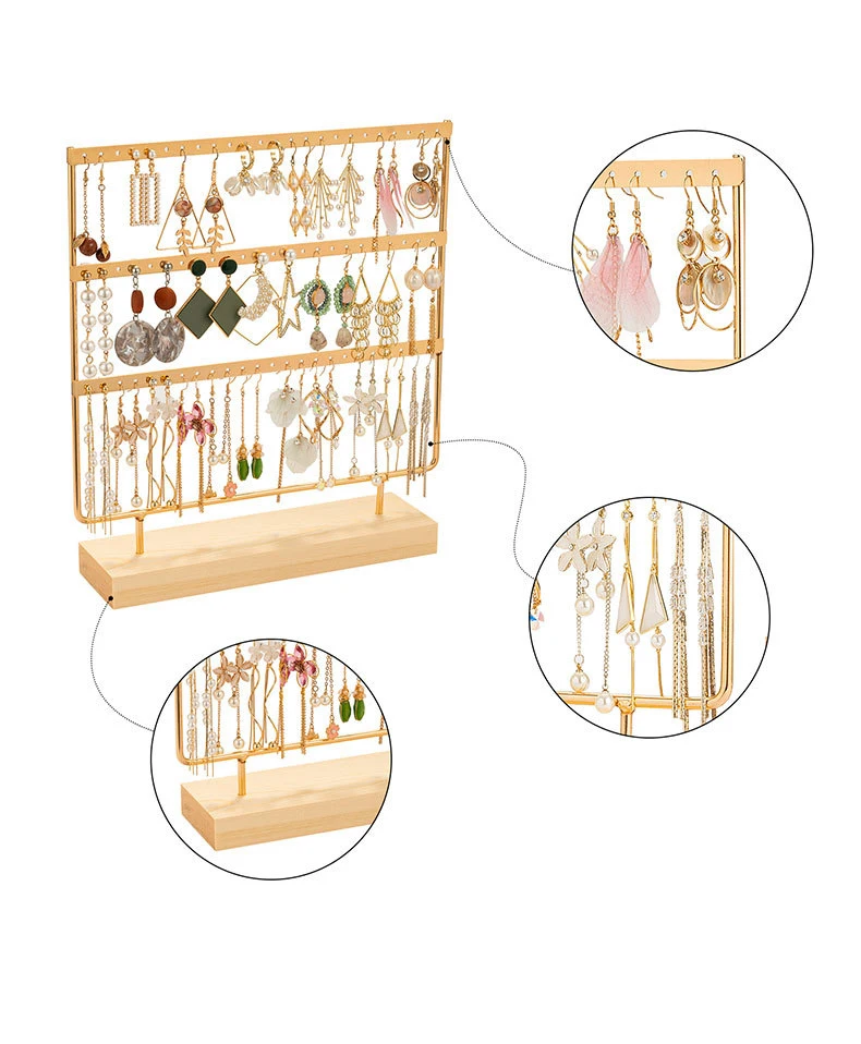 3-stufiger Ohrring-Displayhalter mit 72 Löchern, Metall, 3 Schichten, Schmuckaufbewahrung, Organizer, Holzsockel, Ständer, Baum, Ohrstecker, Geschenk – Detail 8