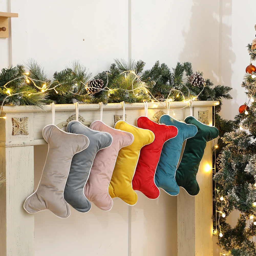 Velvet Dog Christmas Stocking Bone Shape Puppy Stocking Xmas Large Pet Stockings Hanging Luxury Gift Bag