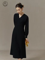 DUSHU Office Lady Women’s Hepburn Style Style V-Neck Knitted Dress Autumn Winter New Slim Black Dress For Women High Waist