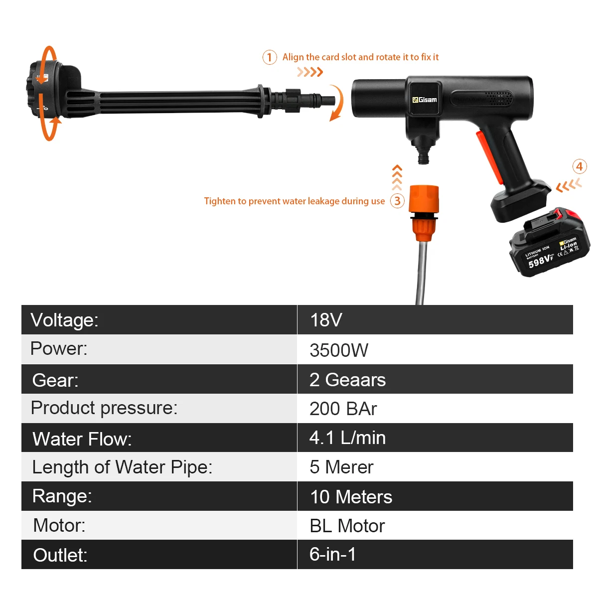 Gisam 200BAR 6-in-1 Brushless Cordless High Pressure Car Washer Rechargeable Lithium Battery Car Cleaning Washer Spray Water Gu 5