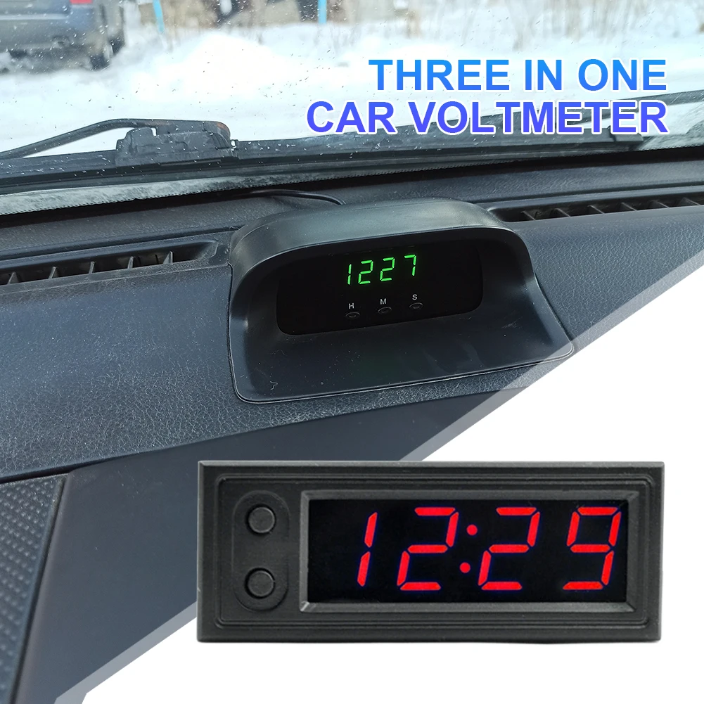 Car Clock Car Voltmeter Thermometer 12V 3 in 1 Temperature Clock LED Display Electric Voltage Meter
