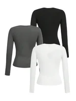 Women's solid-color long-sleeved T-shirt - Polyester knitted fabric, round neck, regular fit, fall-winter style - Image 2