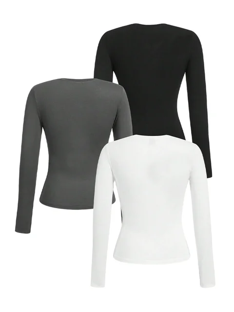 تي شيرت نسائي بأكمام طويلة بلون سادة - قماش محبوك من البوليستر، رقبة دائرية، مقاس عادي، طراز الخريف والشتاء 2