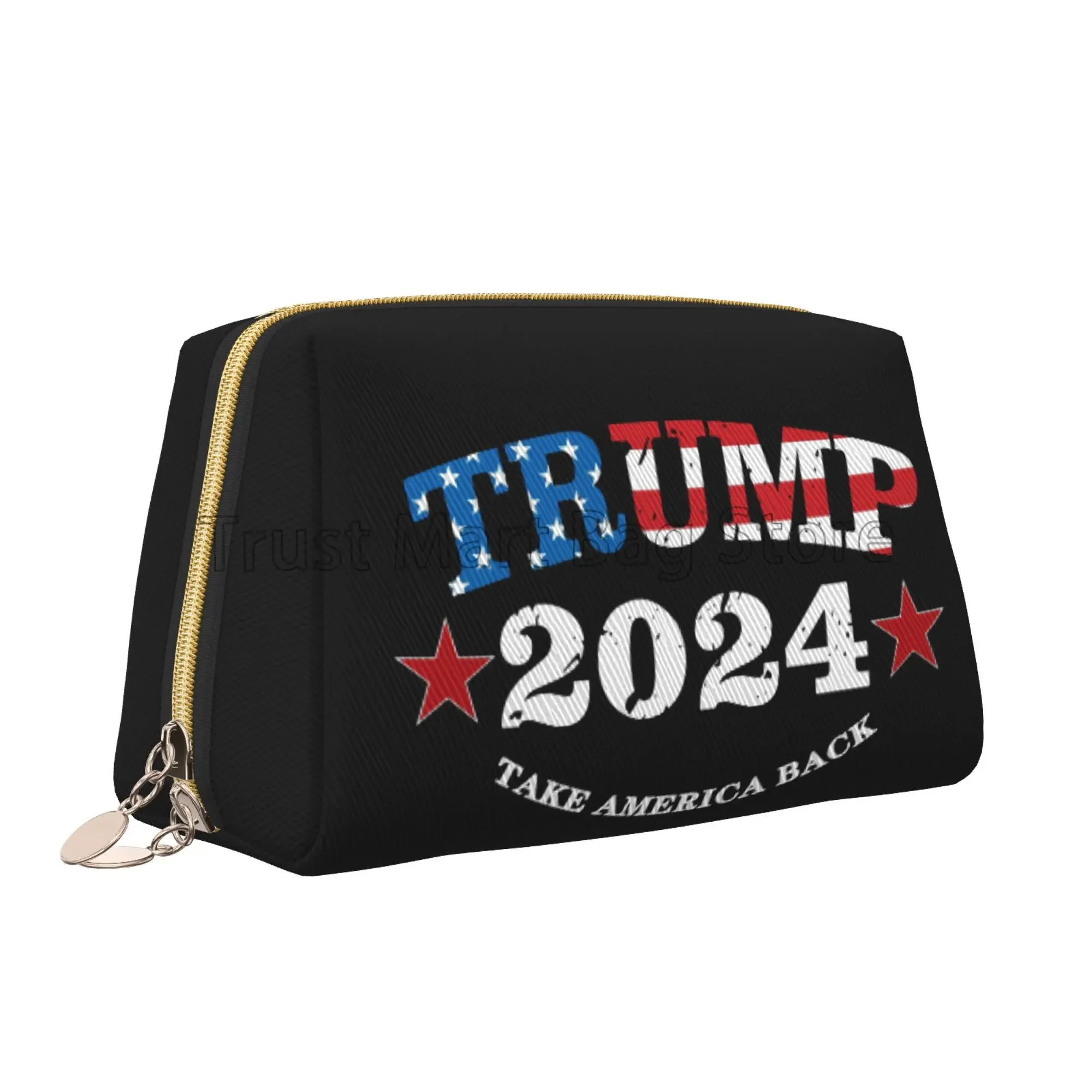 

Trump 2024 Make America Great Again Print Makeup Bag Leather Travel Cosmetic Organizer Bag Women Large Capacity Toiletries Bags