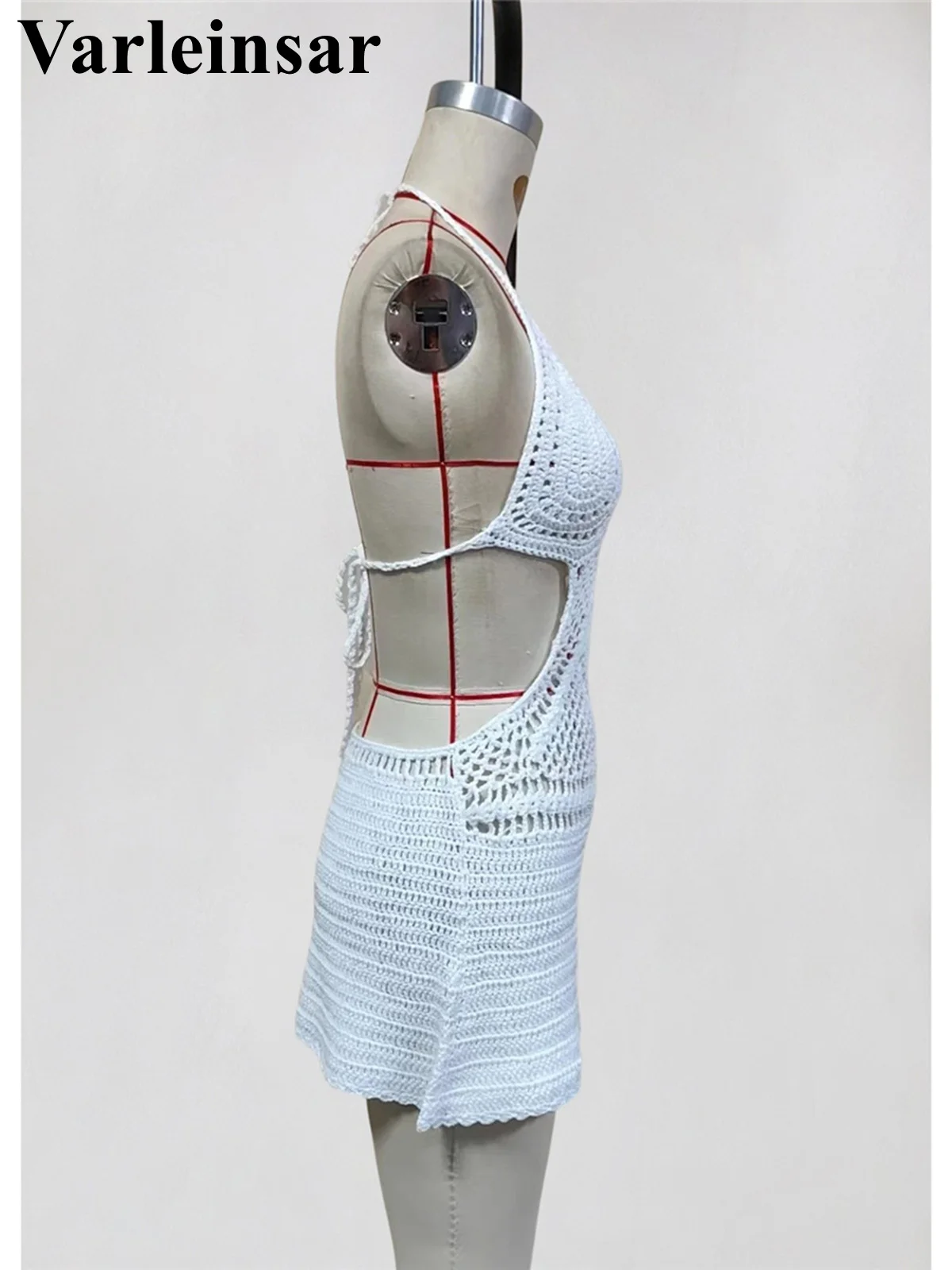 Sexy Cut Out Halter Backless Crochet Knitted Tunic Beach Cover Up Cover-ups Beach Dress Beach Wear Beachwear Female Women V8295 6