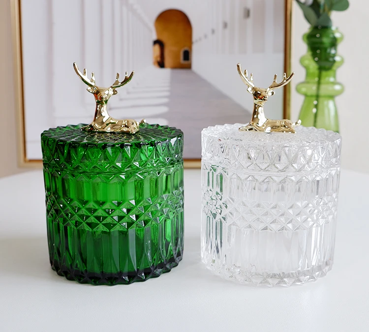 French Elk Glass Storage Jar Luxury Green Jewelry Cotton Swab Box Desktop Small Object Aromatherapy Candle Bottle Decor