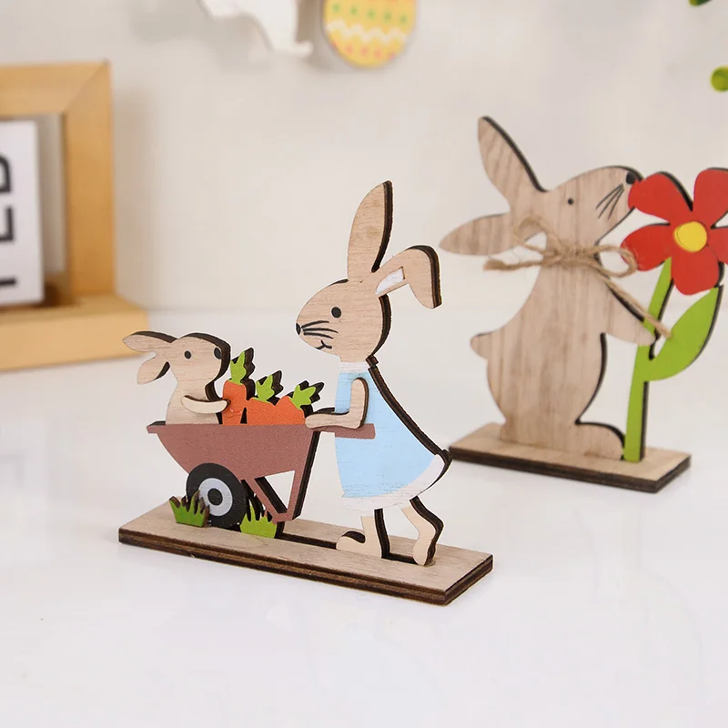 Set 2 Statuette Coniglio Pasquale In Legno Con Fiori – Decorazioni Da Tavolo E Giardino, Altezza 19 Cm, Base Rimovibile, Regalo Primaverile Per Interni Ed Esterni