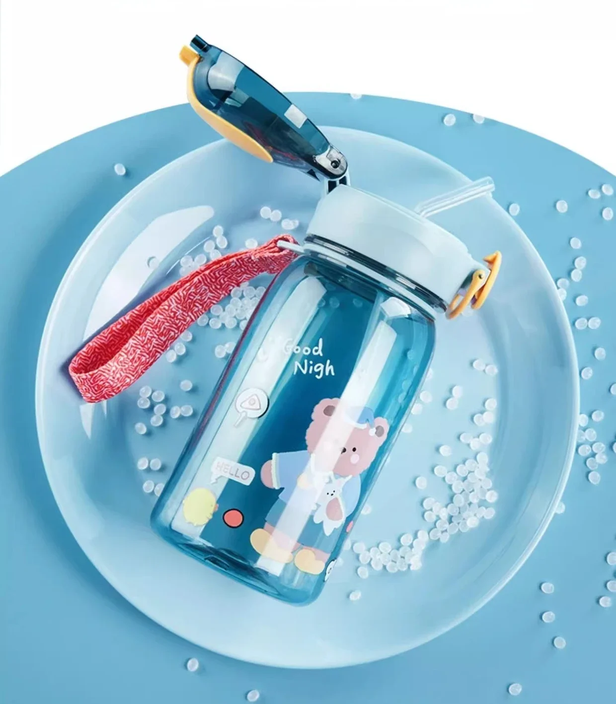 Water bottle cartoon teddy bear children plastic portable with rope one click open cover straw