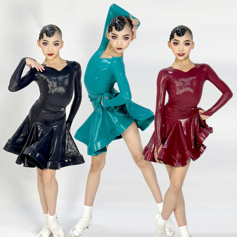 

Latin Dnace Competition Dress For Girls Patent Leather Long Sleeve Cha Cha Rumba Dancing Performance Wear Bodysuit Skirt DL11168