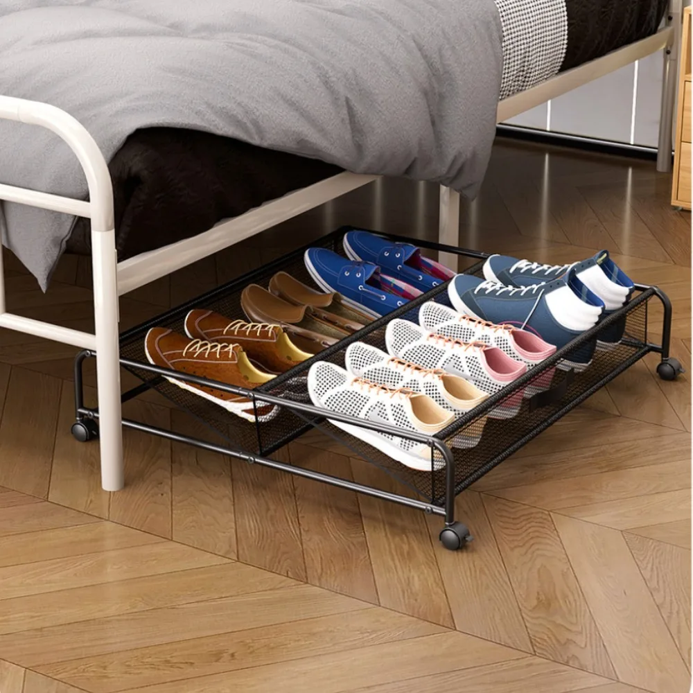 Under The Bed Shoe Storage with Wheels Bedroom Movable Save Space Stored Shoes Cabinet Large Capacity Metal Storage Shoe Rack