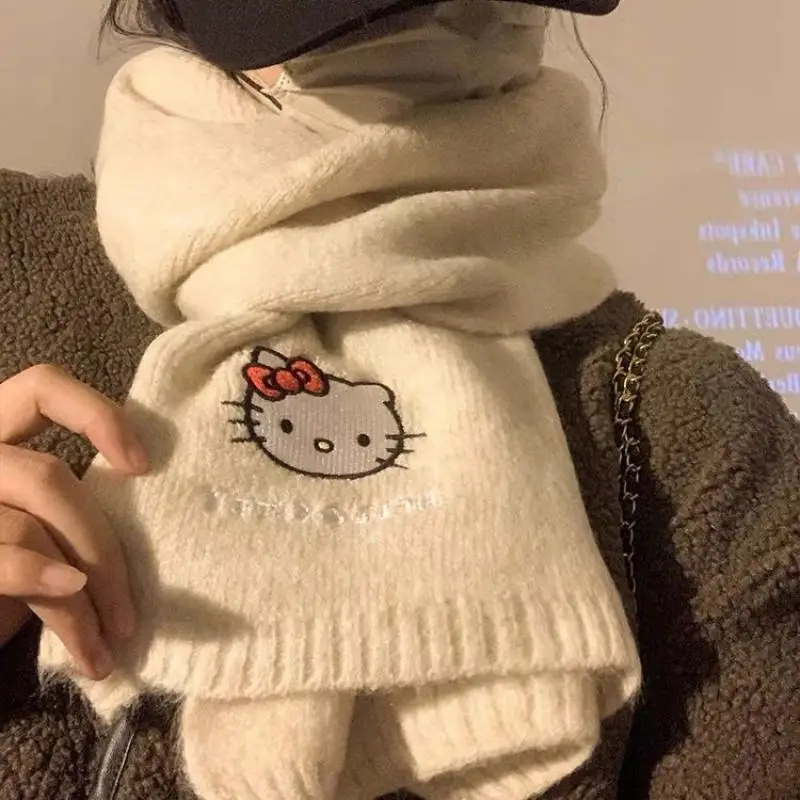 

Шарф с мультяшным принтом «Hello Kittys», милый вязаный шерстяной шарф с милыми сердечками для девушек, утепленные аксессуары, праздничные подарки