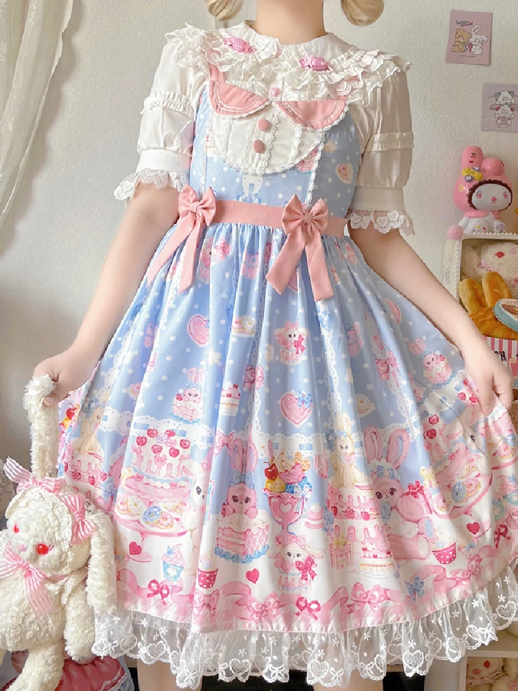 Japanese Sweet Lolita Style Jsk Women'S Dresses Summer Cartoon Printing Ruffled Spaghetti Strap Banquet Princess Dresses 2023