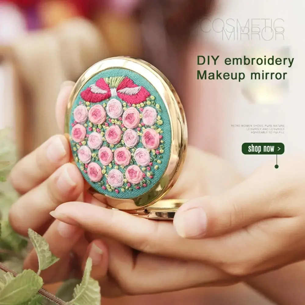 DIY Mini Round Makeup Mirror Embroidery Mirror Handcraft Needlework Cross Stitch Kit Double-Sided Material Package embroidery set embroidery kits