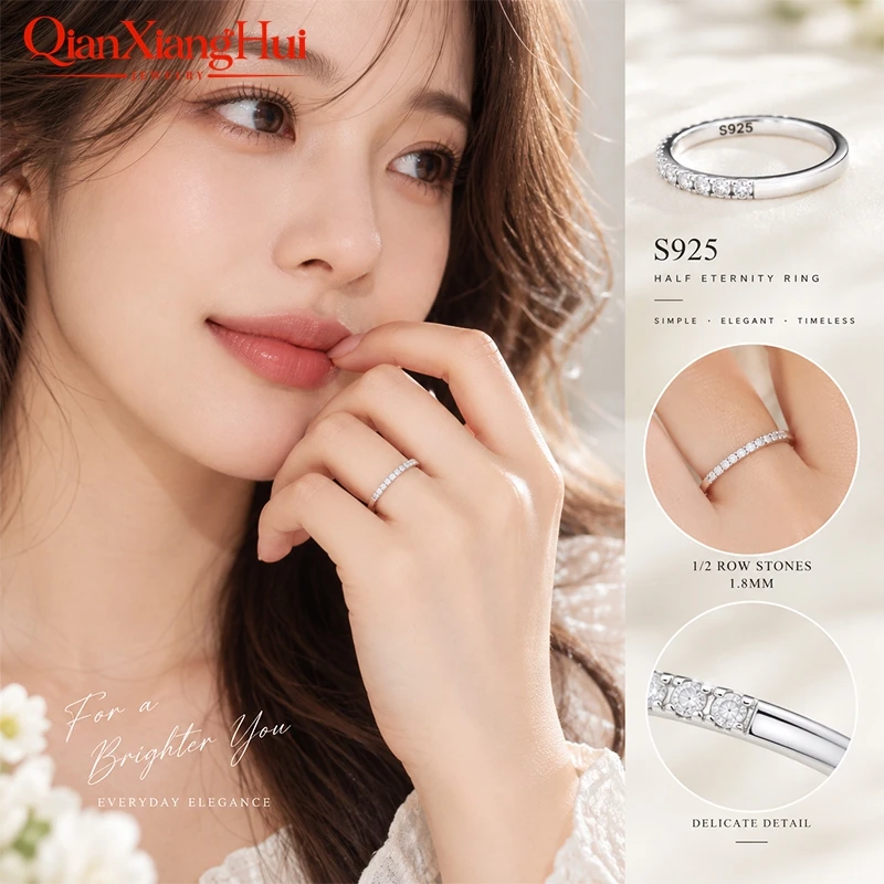 1.8mm Half Eternity and Half Prime Ring Band 925 Silver White D VVS Round Moissanite Diamond Jewelry Gift Dating Party Women