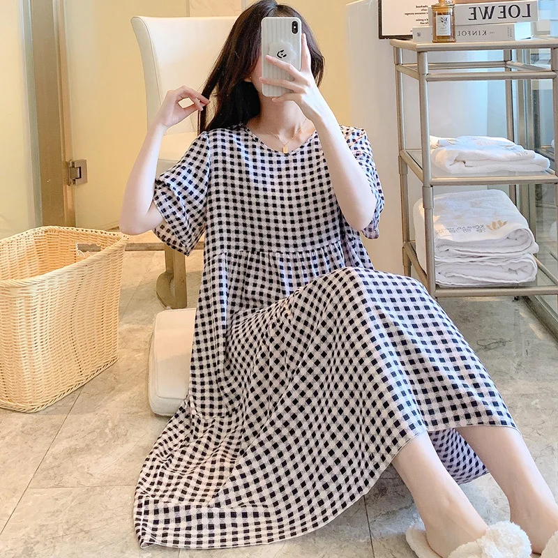 Summer Pajamas Short Sleeve Plaid Cotton Silk Night Gown For Women Outerwear Loose Dress Plus Size