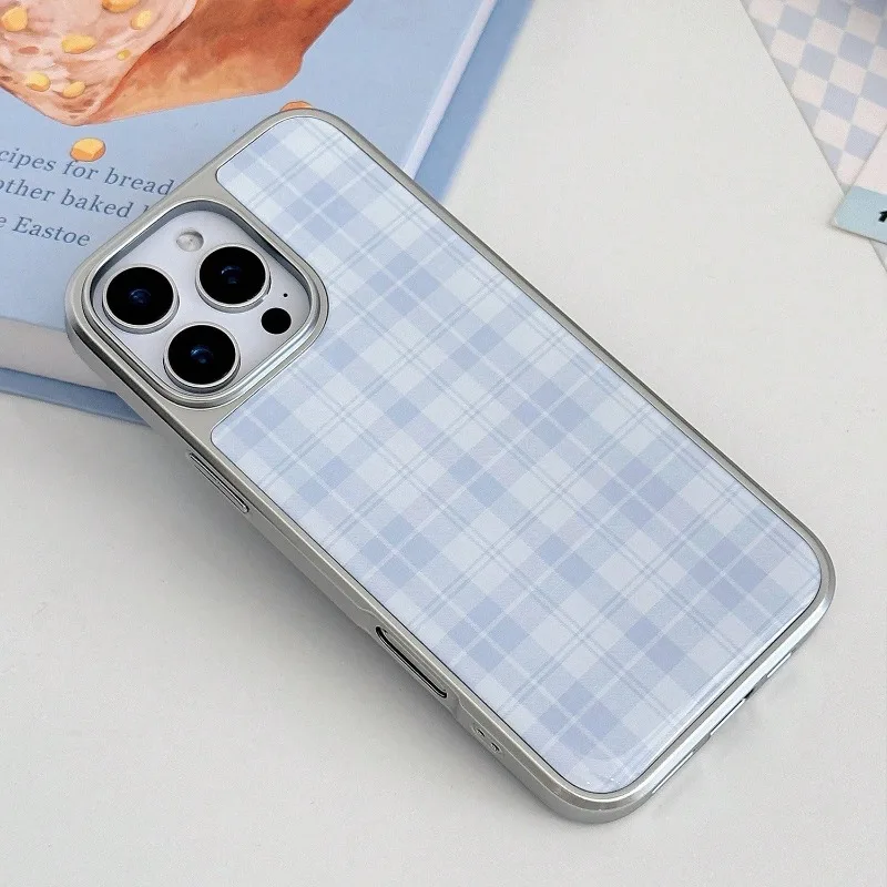 Retro Blue Sky Plaid Silver Edge TPU Anti-Drop Phone Case