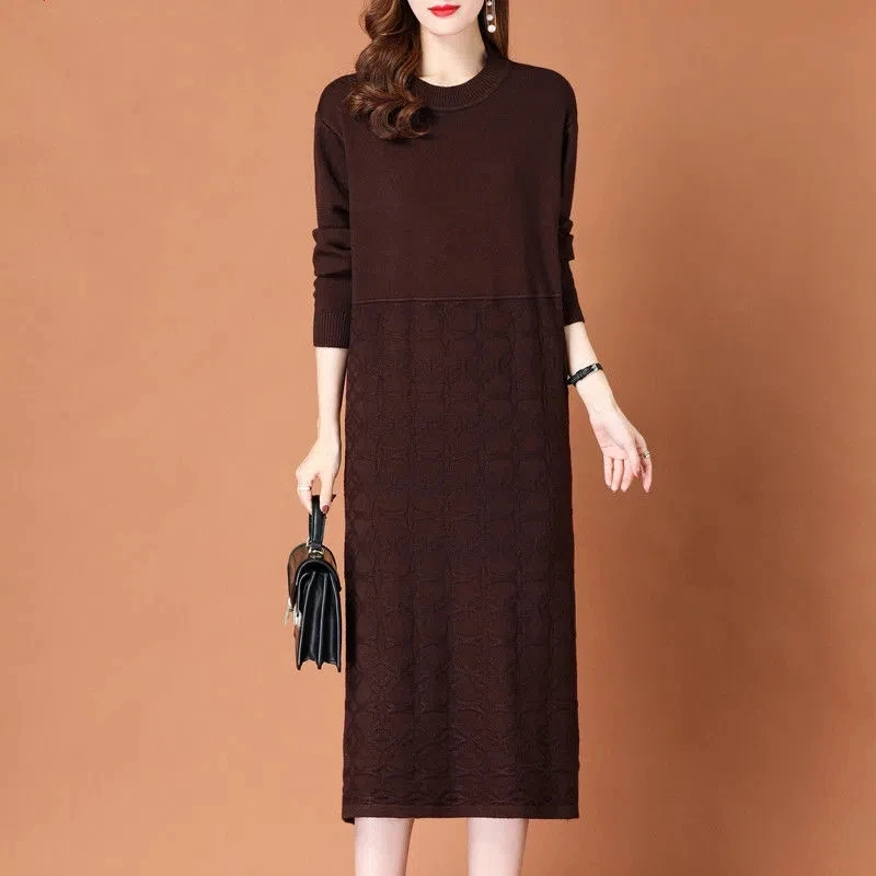 

Spring Autumn 2022 New Women knitting Dresses Fashion Mid Long Long Sleeve Round Collar Loose External Wear Women Dress Vestidos