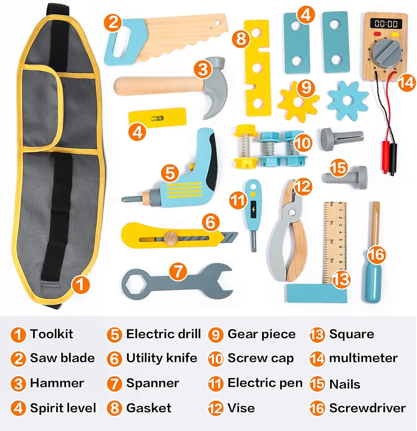 나무로 만든 어린이 공구 세트, 25종의 건설 장난감 세트, 3세, 4세, 5세 여아 및 남아용 가방형 장난감