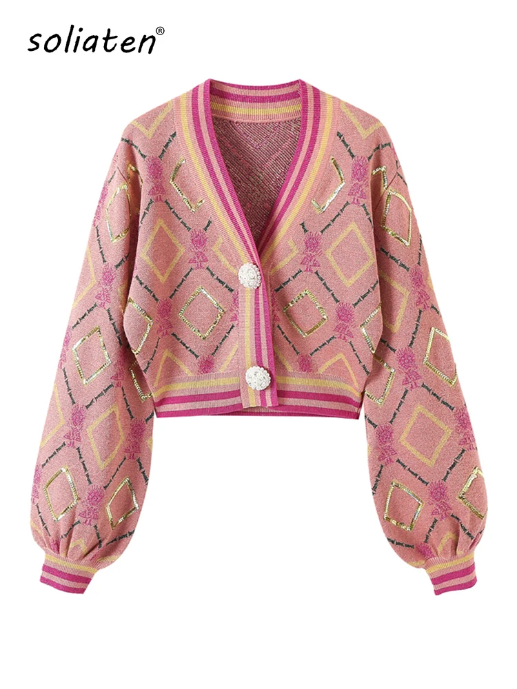 Womens Sweaters Drop Shoulder Button Front Argyle Crop Cardigan