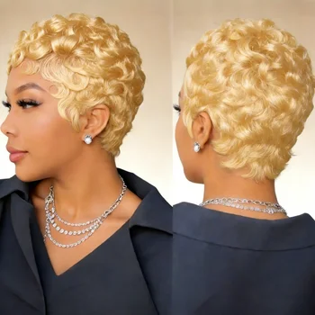Parrucca Pixie con Onde Ricce in Capelli Umani Remy da 6 Pollici con Frangia |   Parrucca completamente realizzata a macchina con densità del 150%, facile da indossare per l'uso quotidiano e per le feste