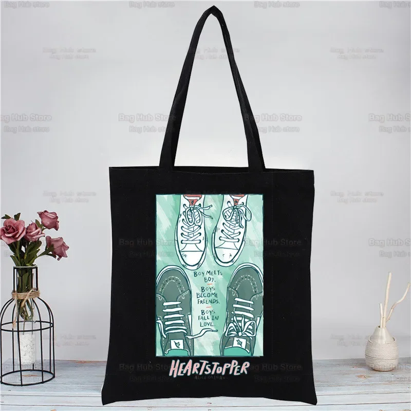 Heartstopper Large Women's Shopper Bag Canvas Tote Charlie Romance Shoulder Bags Shopping Bag with Print Black Cloth Handbags