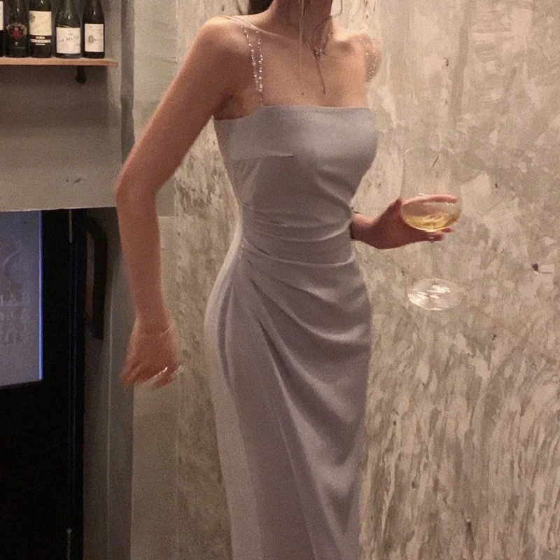 Elegant Summer Spaghetti Strap Midi Dress Women Sexy Prom Evening