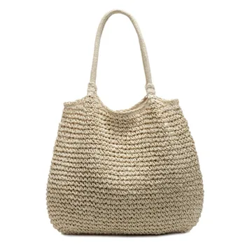 Borsa a Spalla in Paglia con Manico Superiore e Intaglio, Borsa Tote Bohemien Traspirante Intrecciata con Nappa, Borsa Casual Estiva da Spiaggia per Vacanze