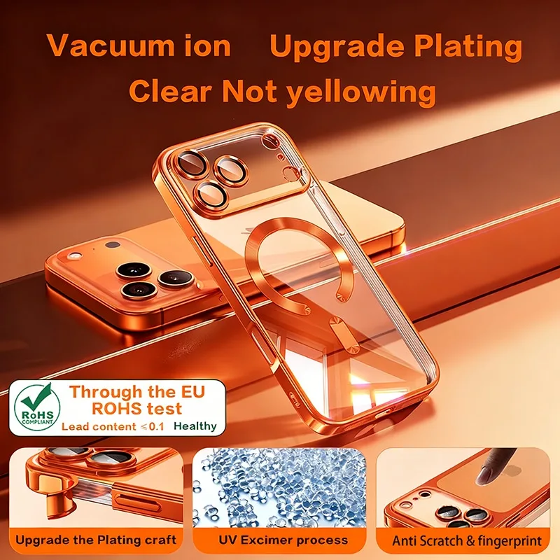 Elegant Fashion Orange Magnetic Clear Case with Wireless Charging Compatibility - Plating Soft Business Cover