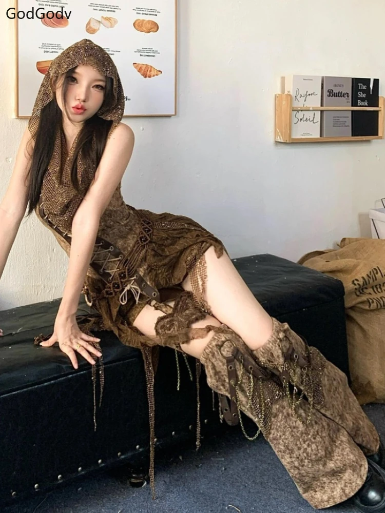 Spring Gothic Brown Vintage 3 Piece Set Women Sexy Lace Y2k Party Mini Pants Suit Female Korean Fashion Retro Designer Outfits 5
