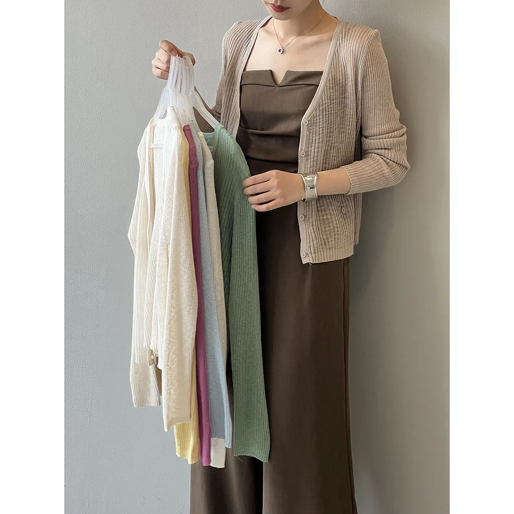 

Women Clothing All Match Lightweight Knit Cardigan 2024 Summer New Fashionable Solid Color Simple Waist Casual Simple Top