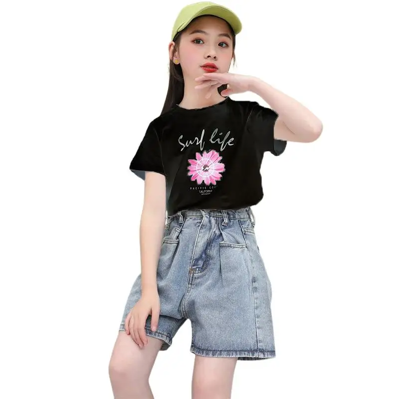 

Summer Fashion Kid Girl Clothes Set Short Sleeve T-Shirt Denim Jeans Shorts Outfits Children Girls Costumes 3 5 7 9 11 13 Years