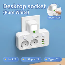 EU Plug Outlet with 4 USB Type - C Ports - White 2 Sockets USB