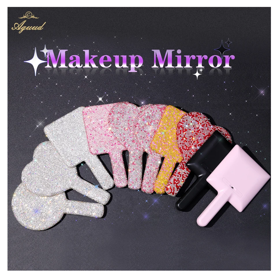 

Makeup Mirror Light LED Vanity Mirror with Touch Screen Dimming Handle Portable Mirror Heart-shaped With Diamond Cosmetic Mirror